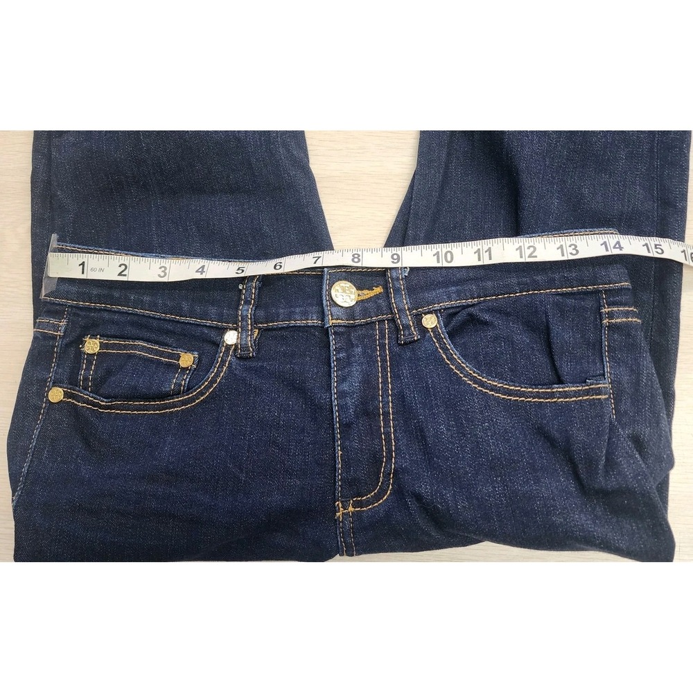 Tory Burch Women's Dark Denim Blue Jean Size 27 Straight Leg Gold Button Logo - Picture 3 of 14